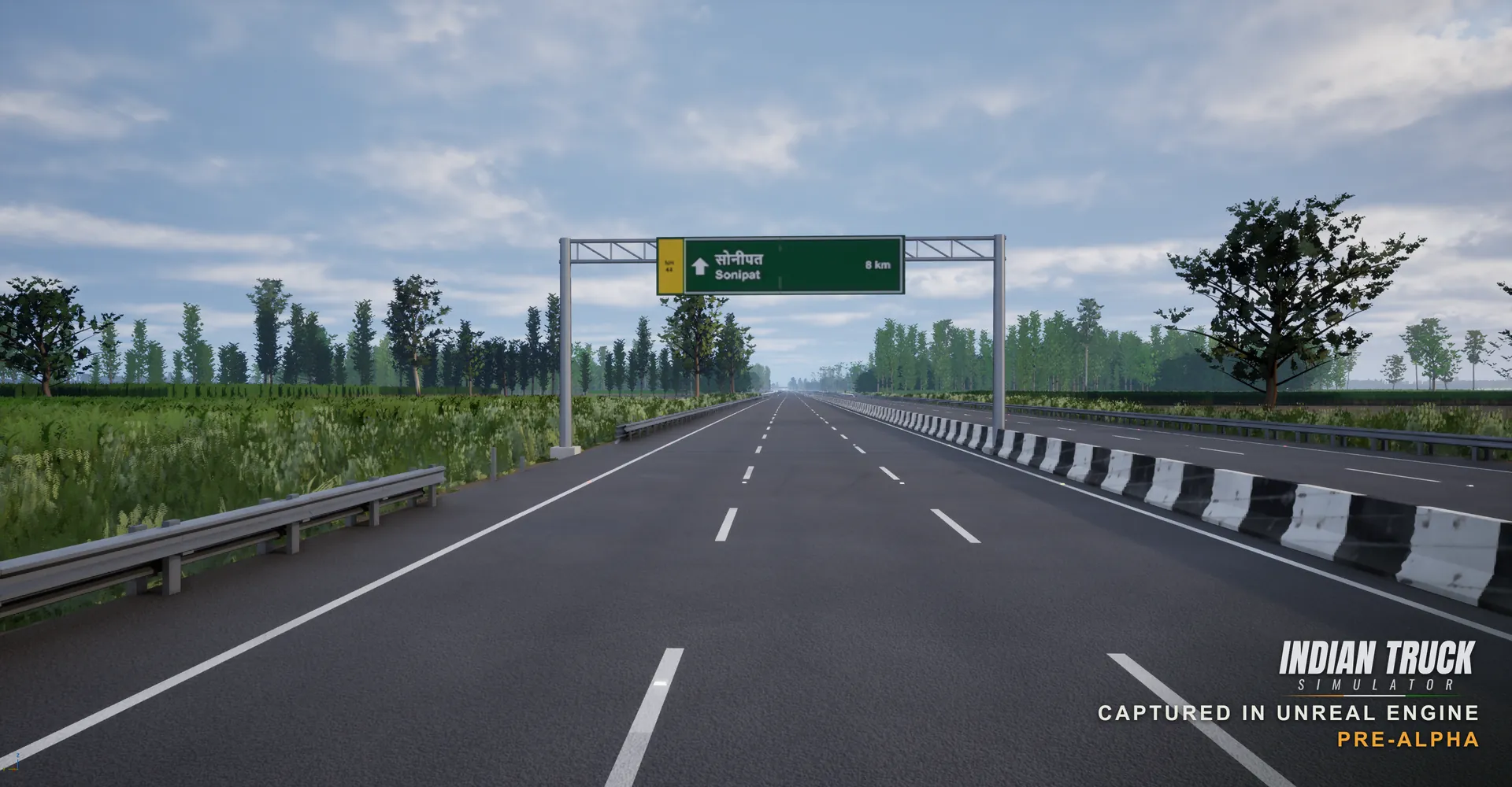 In-engine screenshot of a wide Indian expressway under a cloudy sky, with a green overhead gantry sign reading Sonipat 8 km in Hindi and English on NH 44